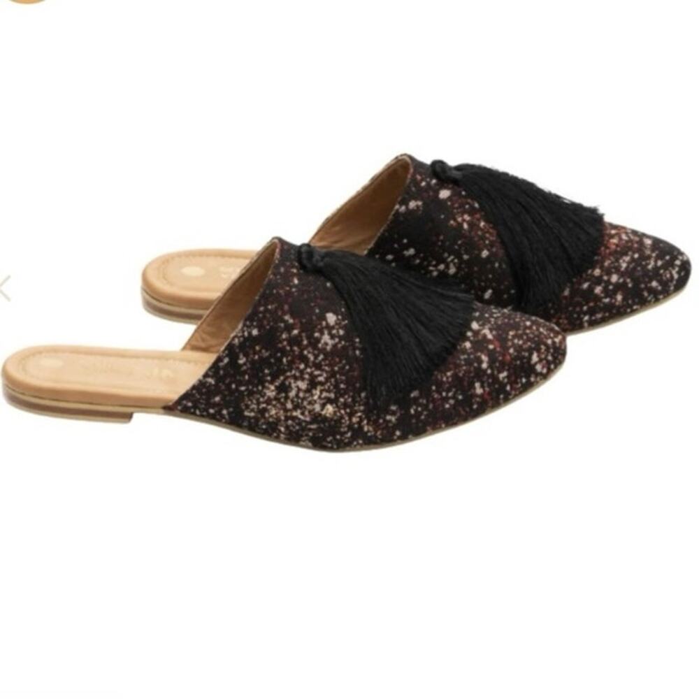 Silvia Cobos Milonga Print Black Mules Tassel Woven Textile Boho Artisan 6.5